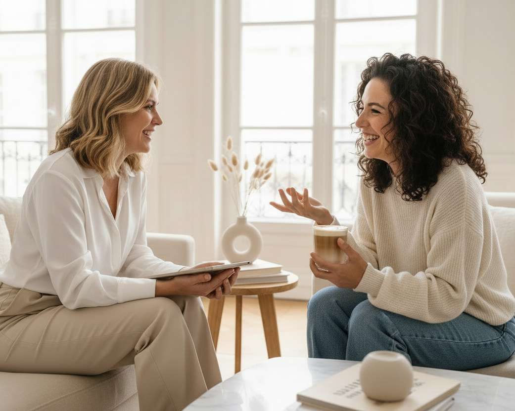 Coaching Frauen - weiße Bluse und Blue Jeans